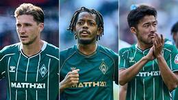 Der SV Werder Bremen muss gegen den SC Freiburg auf ein Trio um Niklas Stark (links) verzichten - der Einsatz von Samuel Mbangula (mitte) und Yukinari Sugawara (rechts) ist zudem fraglich!