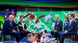 Frans Timmermans, Henri Bontenbal, Rob Jetten, Geert Wilders, Dilan Yesilgoz und Eddy van Hijum.