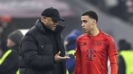 Bayern-Trainer Vincent Kompany (l.) ist bei Jamal Musiala (r.) zuversichtlich.