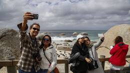 Touristen machen Selfies mit Brillenpinguinen in der Pinguinkolonie Boulders Beach in Kapstadt, Südafrika. (Archivbild)