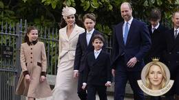 Prinzessin Kate (2.v.li.) und Prinz William (re.) kommen mit ihren Kindern Prinz George, Prinzessin Charlotte und Prinz Louis zum Ostergottesdienst.
