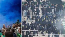 Die Polizei hatte während des Nordderbys zwischen Werder Bremen und dem HSV alle Hände voll zu tun - im Gästeblock randierten die Hamburger Fans (rechts), während des Spiels schossen sie Pyrotechnik durch das Bremer Weserstadion (links).